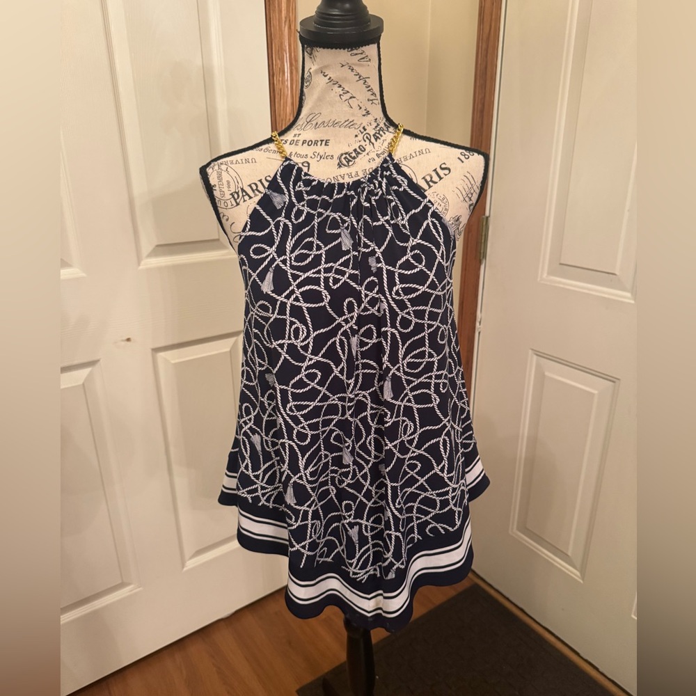 NWOT Michael Michael Kors Gold Tone Chain Strap Halter Tank Blouse Navy/ White